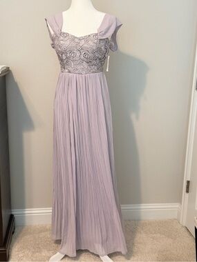 Lilac Pleated Lace Evening Gown